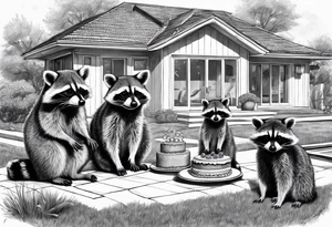 Raccoon Family in Front of her New villa with Pool.
The Husband hast Tools in His Hands.
The wife holds a cake.
The Childs plays with a ball tattoo idea