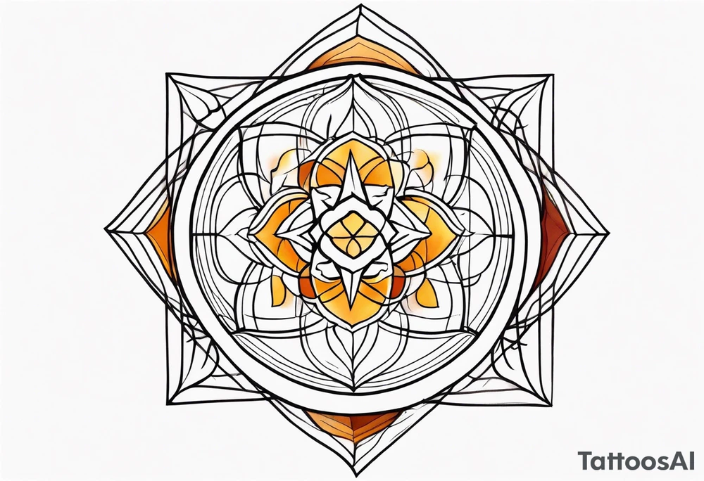 front knee tattoo with sacred geometry, swirls & washes, background and in fall colors tattoo idea