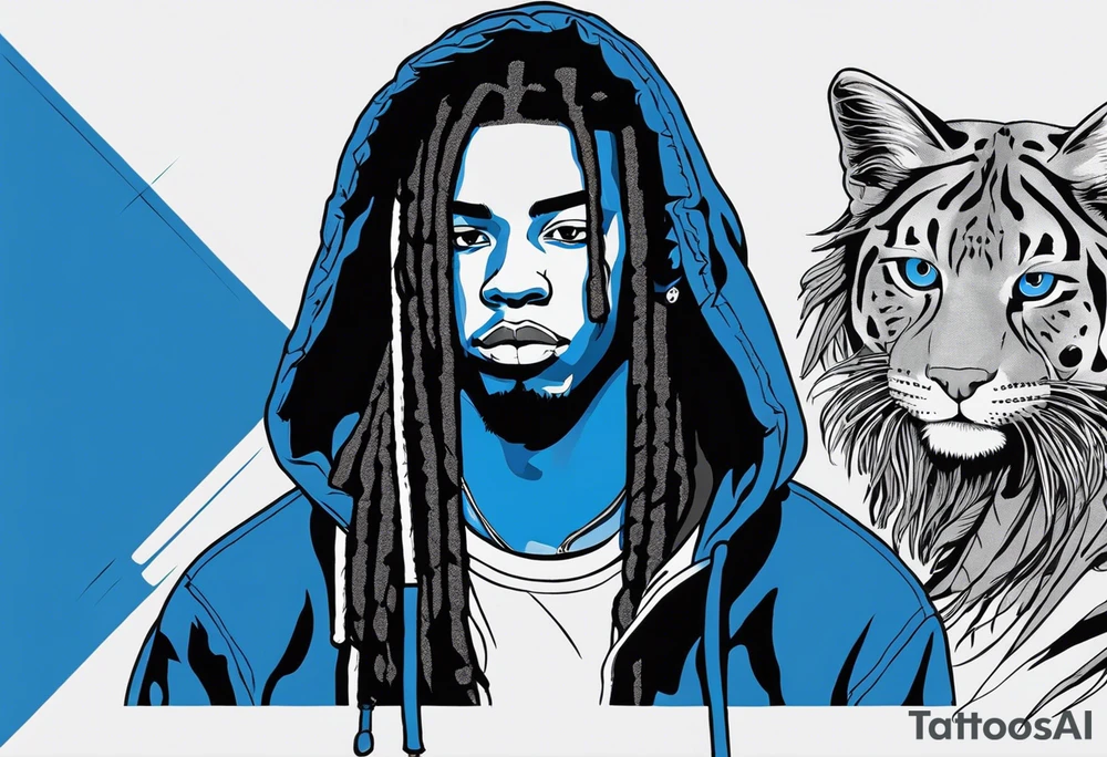 black well built teen with with a grey hoodie on and blue jeans with long dreads morphing 
into a blue wildcat in various spots on his body. I want his hoodie appear as if its been ripped in random places from the inside with I Carolina blue football jersey showing underneath that reads Camden tattoo idea