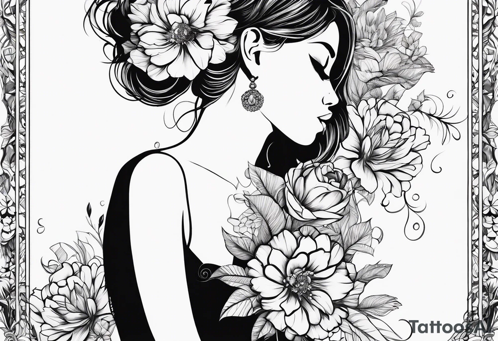 silhouette of a girl with a flower head, kneeling tattoo idea