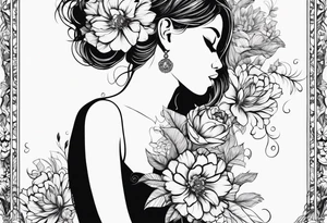 silhouette of a girl with a flower head, kneeling tattoo idea