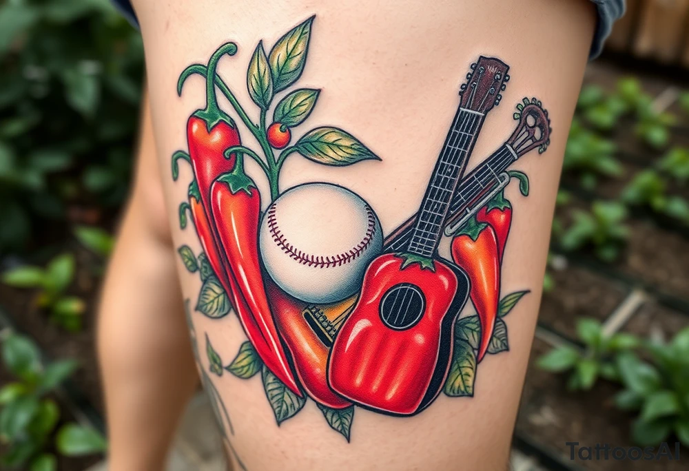 Super hot pepper plants, hot sauce, baseball, acoustic guitar, trumpet, with a gardening background tattoo idea