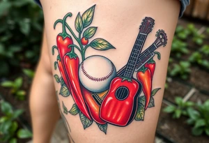 Super hot pepper plants, hot sauce, baseball, acoustic guitar, trumpet, with a gardening background tattoo idea