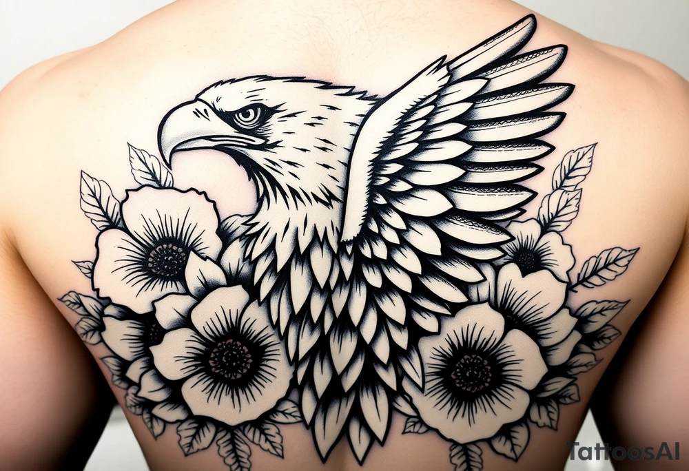 A color Neo traditional full bodied American bald eagle tattoo surrounded by Neo traditional flowers. Eagle should look fierce and mean and majestic. Meant for a color tattoo tattoo idea