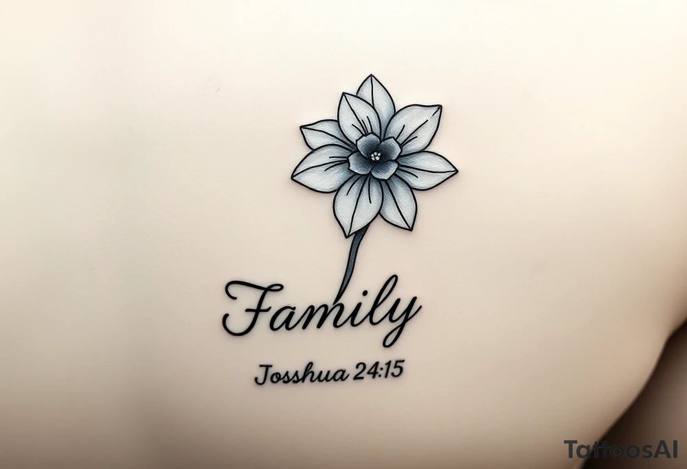 fine-line narcissus flower on my inner wrist, with the stem flowing down into the word Family in soft cursive, and Joshua 24:15 in tiny clean text underneath. photo of it tattoo idea