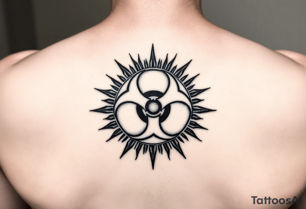 biohazard symbol inside a sun with bold lines, in an old-school black ink style. tattoo idea