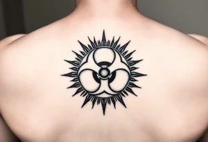 biohazard symbol inside a sun with bold lines, in an old-school black ink style. tattoo idea