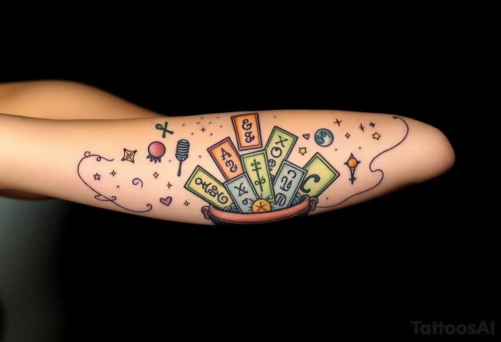 Milky way filled with zodiac symbols runes tarot cards coming out of a cauldron tattoo idea