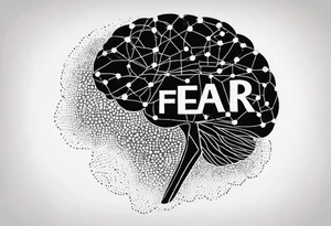 brain with wires connected to word "fear", stipple, dot work, grunge, aesthetic tattoo idea