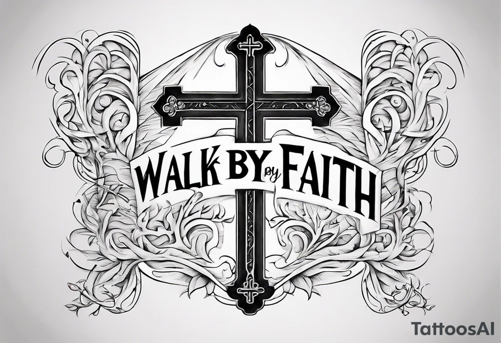 envision a horizontal placement of the quote “walk by faith, not by sight” with an elegant script font. Integrate a subtle stairwell leading to a delicate cross near the gates of heaven. This design captures the essence of the journey guided by faith. tattoo idea