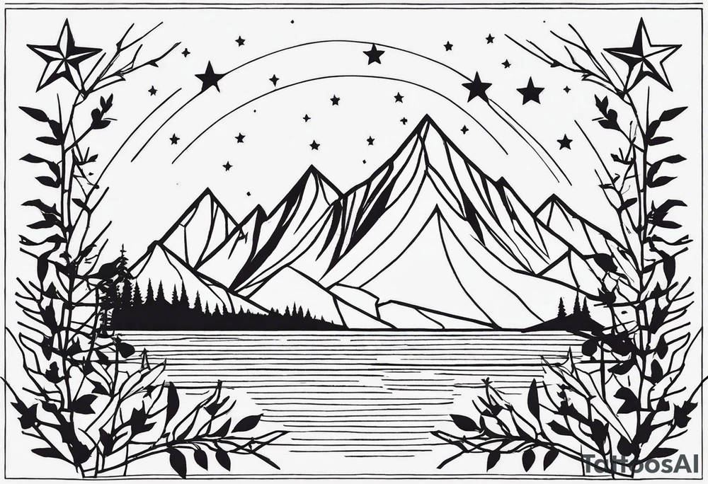 Three Peaks, Three Stars, Swords, and Vines: Create a minimalistic fine line tattoo for the right upper arm half sleeve. Feature three rugged mountain peaks, each topped with a simple star. Emphasize crossed swords, integrating with abstract, feather-like patterns that evoke the Valkyrie spirit. Weave in subtle thorny vines from 'A Court of Thorns and Roses' (ACOTAR), blending naturally with the mountainous backdrop. Keep the design in clean, simple lines, emphasizing the serene and mystical qualities without text. tattoo idea