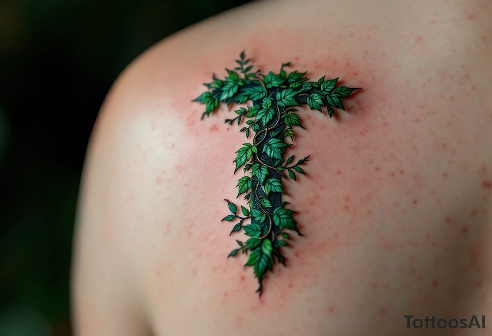A leaf-textured "T" in forest green with tiny vines wrapping around it. tattoo idea
