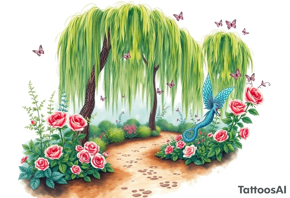 weeping willow garden with roses and liles flower beds. fantasy creatures, fairies, mermiads, dragons butterflies,  cat paw prints path in dirt. tattoo idea