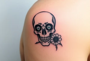 Masculine sugar skull with diamond gemstone eyes and daisy tattoo idea