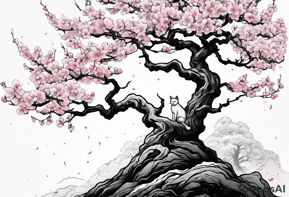 elongated hanging cherry blossom branch meeting with a dying pine tree with hidden cute demon cat tattoo idea