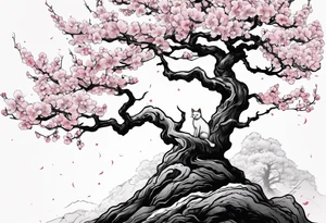 elongated hanging cherry blossom branch meeting with a dying pine tree with hidden cute demon cat tattoo idea