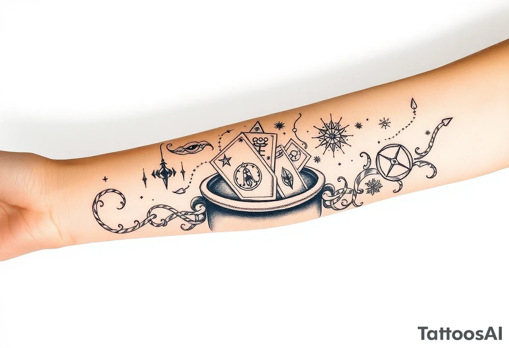 Milky way filled with zodiac symbols runes tarot cards coming out of a cauldron tattoo idea