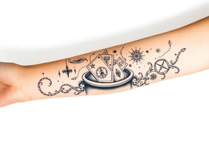 Milky way filled with zodiac symbols runes tarot cards coming out of a cauldron tattoo idea