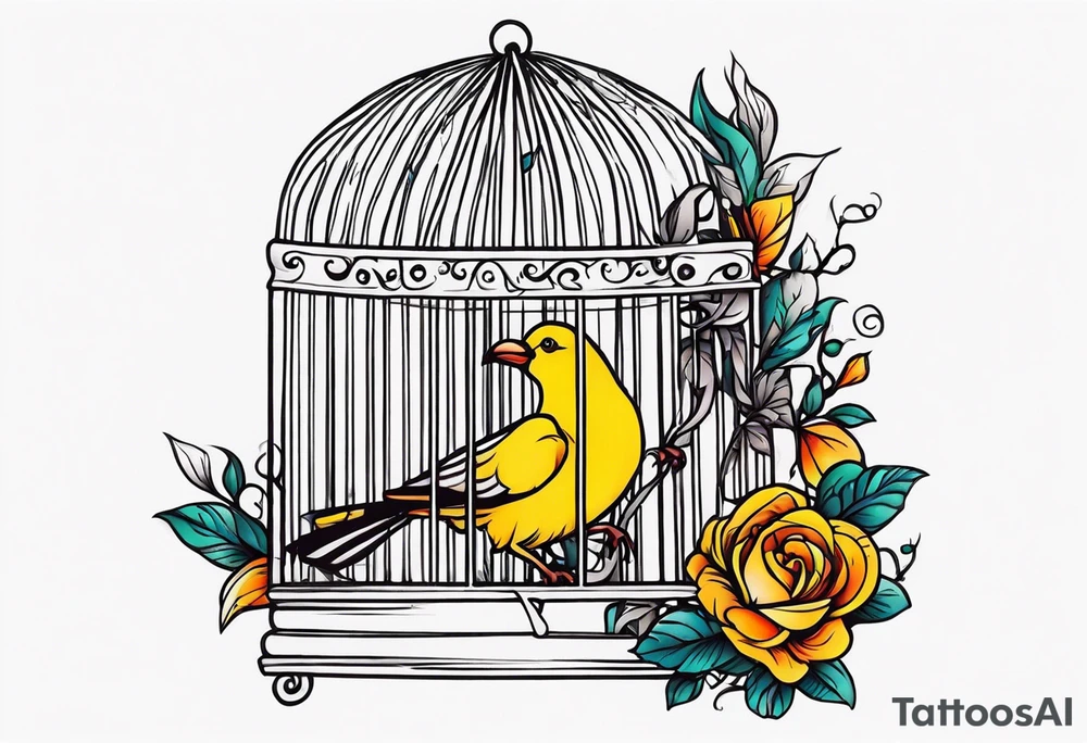 neo traditional decoration only on the left side, on the top of a long bird cage with a too big bird in it tattoo idea