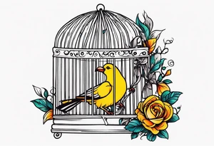neo traditional decoration only on the left side, on the top of a long bird cage with a too big bird in it tattoo idea