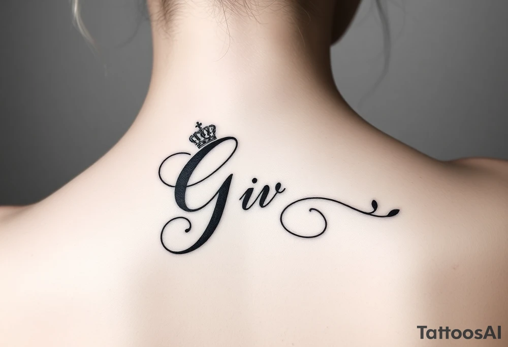 Capital G letter handwritten script with a crown tilted to the left on the front right shoulder tattoo idea