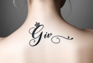 Capital G letter handwritten script with a crown tilted to the left on the front right shoulder tattoo idea