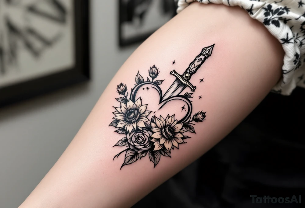 dagger piercing a heart with roses and sunflowers tattoo idea dagger piercing a heart with roses and sunflowers tattoo idea