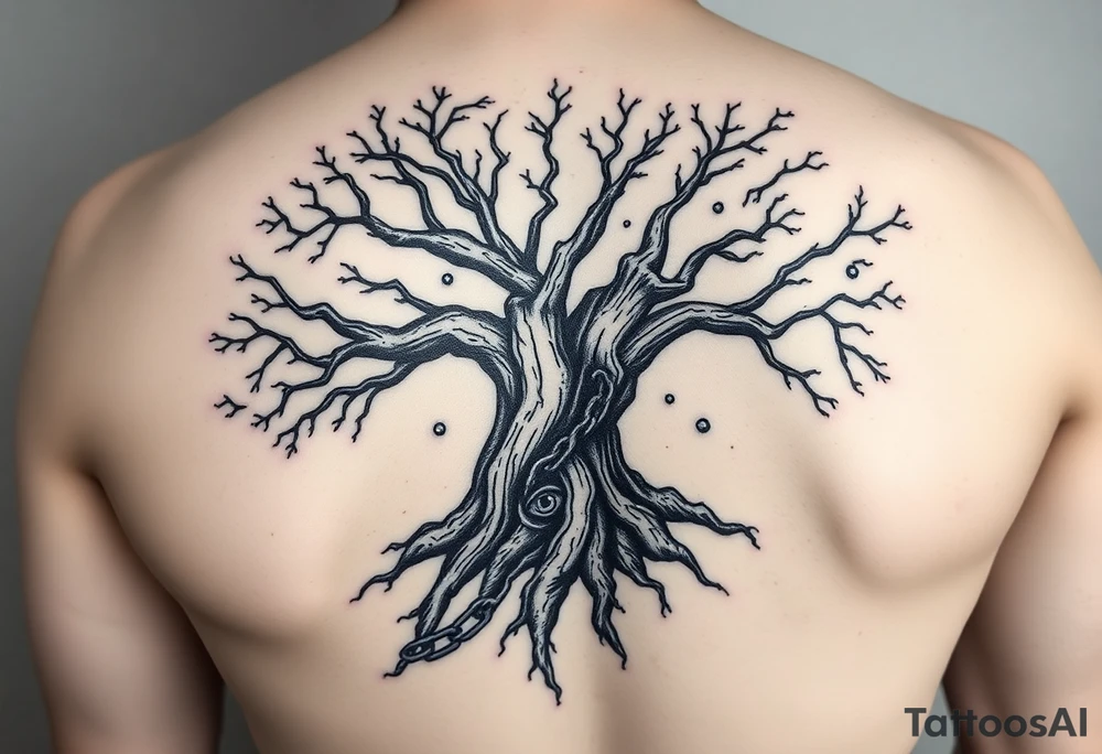 A bold blackwork tattoo of a large oak tree with exposed roots intertwined with a partly broken chain, symbolizing strength, resilience, and breaking free from limitations. The branches reach upward but also curl inward, representing complexity and introspection. Hidden within the roots or branches is a subtle watchful eye, symbolizing awareness and self-love. The bark shows fine cracks and textures to emphasize scars and the beauty of imperfection. The design balances bold graphic shapes with intricate dotwork and fine lines for a powerful yet delicate look. tattoo idea