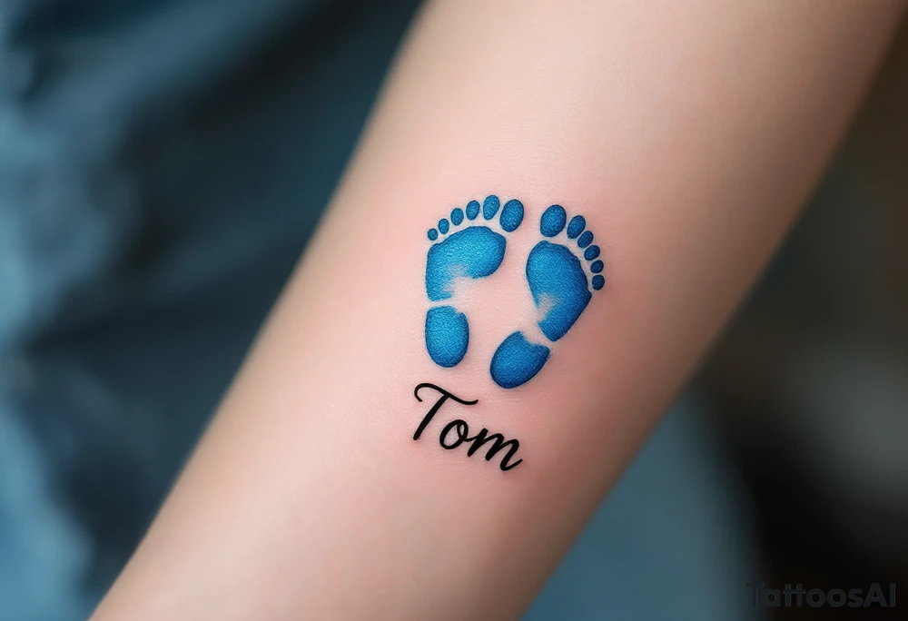 A pair of tiny blue footprints with the son's name Tom in elegant black script beneath. tattoo idea