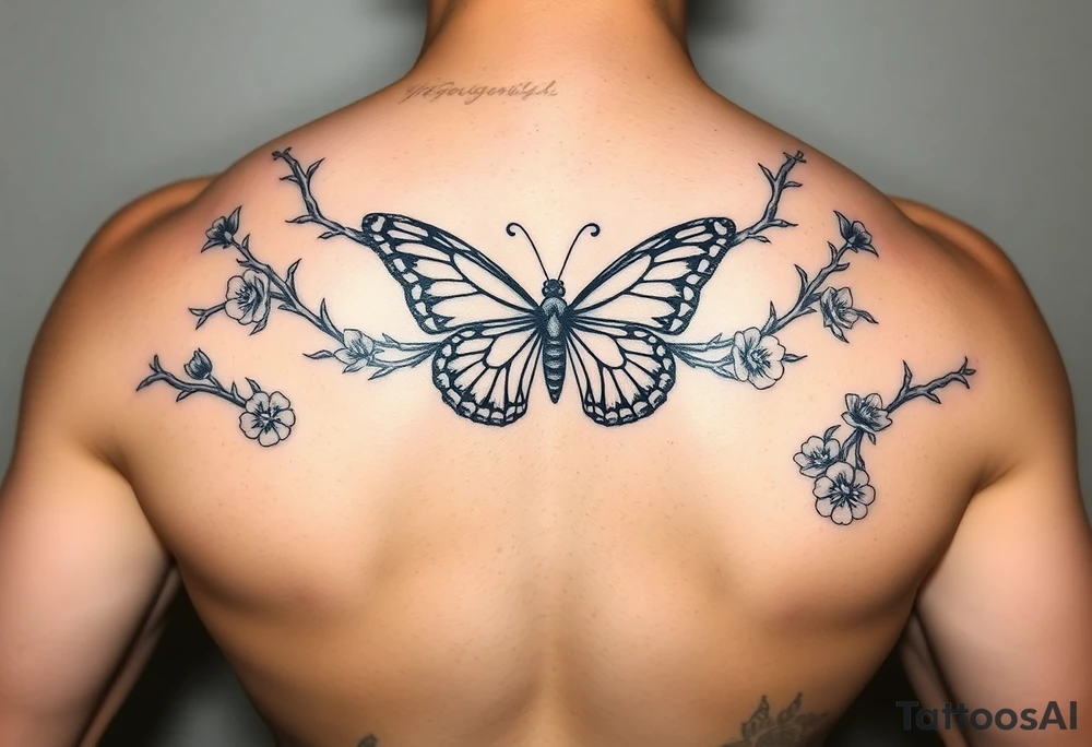 Gargona with a butterfly necklace and branches with thorns and flowers on the sides tattoo idea