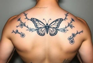 Gargona with a butterfly necklace and branches with thorns and flowers on the sides tattoo idea