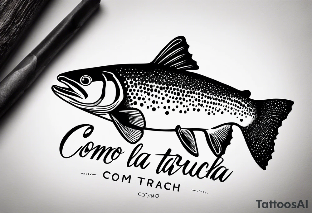 A small tattoo with a shaded trout and text that says, 'Como la trucha...' drawn with fine lines." tattoo idea