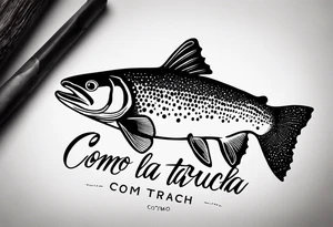 A small tattoo with a shaded trout and text that says, 'Como la trucha...' drawn with fine lines." tattoo idea