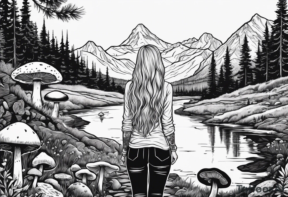 Whole picture encircled fully

Straight long blonde hair hippie girl in distance holding mushrooms in hand facing away toward mountains and creek surrounded by mushrooms long sleeve shirt and hiking pants; whole rendering within a full circle, no cut off circle tattoo idea