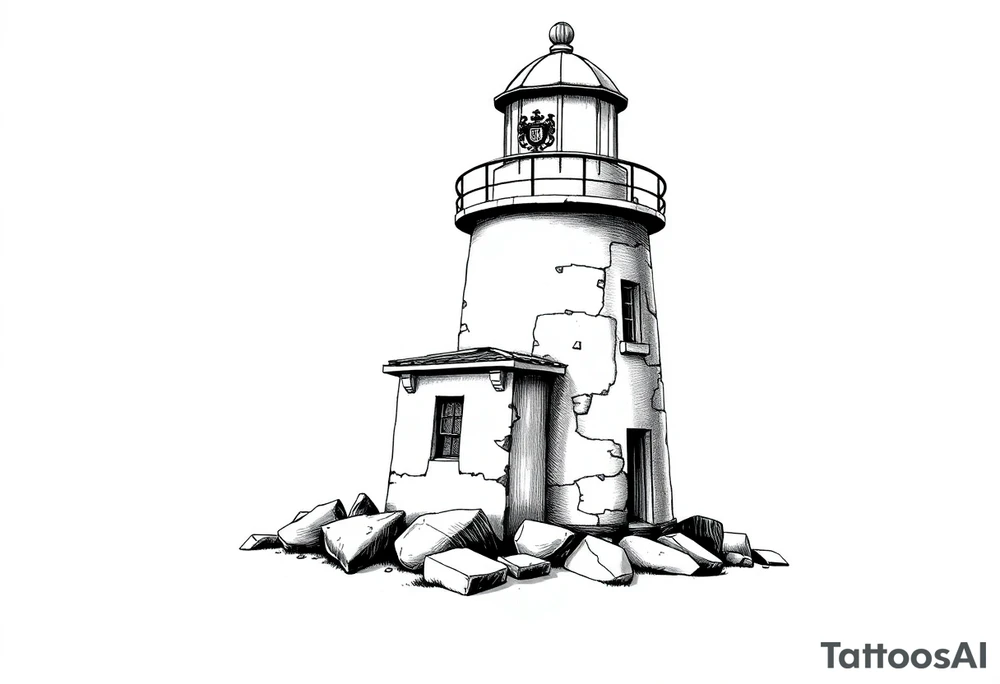 a whole lighthouse with a coat of arms incorporated into the roof without stones on the ground tattoo idea