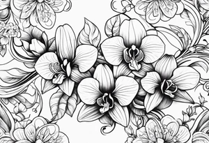 Flower and vine tattoo on upper left back climbing over the shoulder and towards the chest. Flowers should be Lilys, orchids, and dandelions. tattoo idea