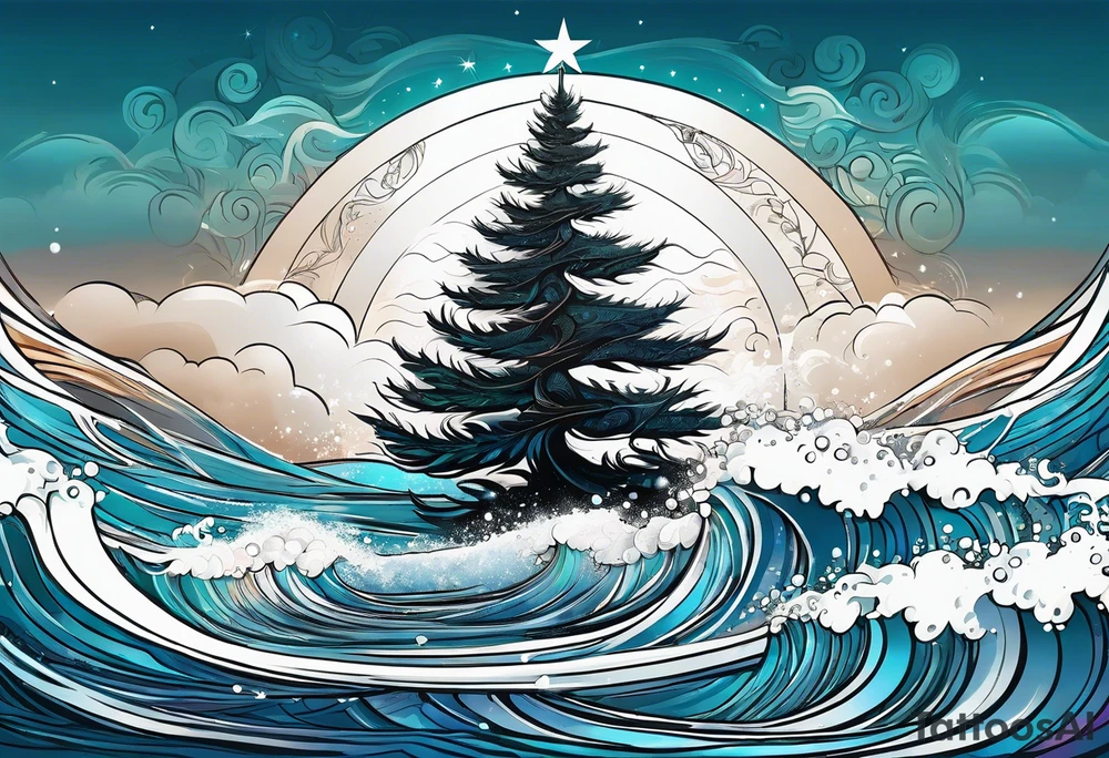 Christmas tree. Ocean waves. Words “salt air”. tattoo idea