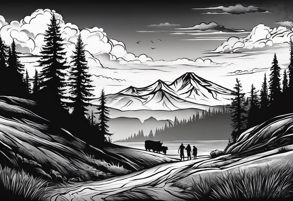 A shadow of a family of four walking through the Pacific northwest landscape. Father, Wife, Son, daughter.
 Faith centered and add Mexican culture .  Add border with importance of faith tattoo idea