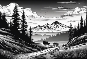 A shadow of a family of four walking through the Pacific northwest landscape. Father, Wife, Son, daughter.
 Faith centered and add Mexican culture .  Add border with importance of faith tattoo idea