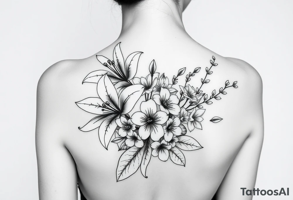 lilies with cherry blossoms and spider plant in a floral wrap on the arm tattoo idea