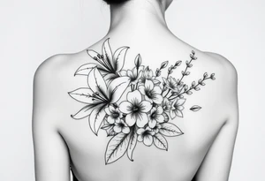 lilies with cherry blossoms and spider plant in a floral wrap on the arm tattoo idea