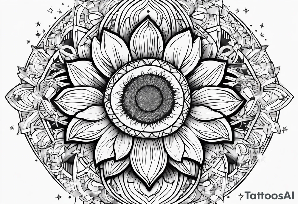 elegant tattoo design with sunflower surrounded by circle of little stars and arrow tattoo idea