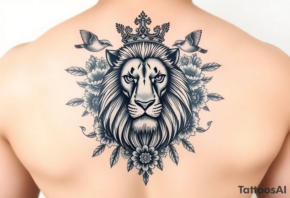 powerful majestic lion with a crown, surrounded by floral ornaments and birds tattoo idea