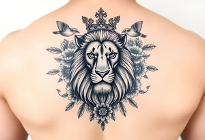 powerful majestic lion with a crown, surrounded by floral ornaments and birds tattoo idea