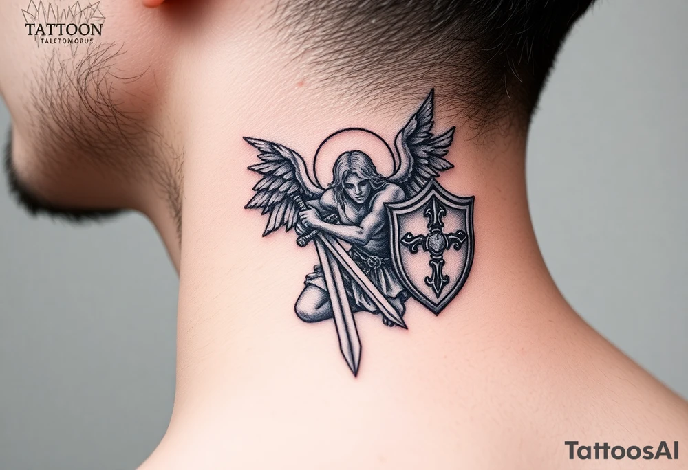 Kneeling warrior angel with a sword and shield tattoo idea