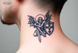 Kneeling warrior angel with a sword and shield tattoo idea