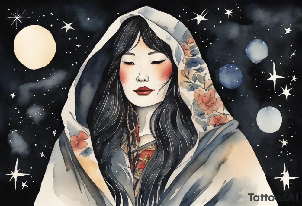 a watercolor of a beautiful 50-year-old Dakota woman wearing black cloak with the night sky in the background tattoo idea