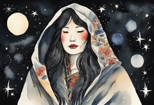 a watercolor of a beautiful 50-year-old Dakota woman wearing black cloak with the night sky in the background tattoo idea