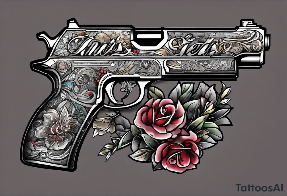 The letters AR with a pistol on each side and the word always on the top and the word ready on the bottom tattoo idea