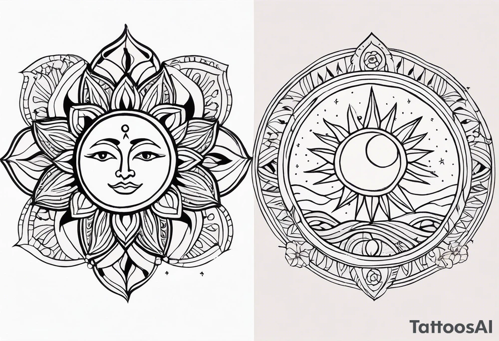 sacred moon and sun painted with Anishinaabe floral all over tattoo idea